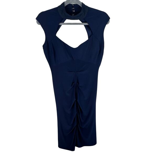 Marina Navy Blue Lace Collar Cutout Center Ruched Bodycon Midi Dress Size 10 - Picture 1 of 9